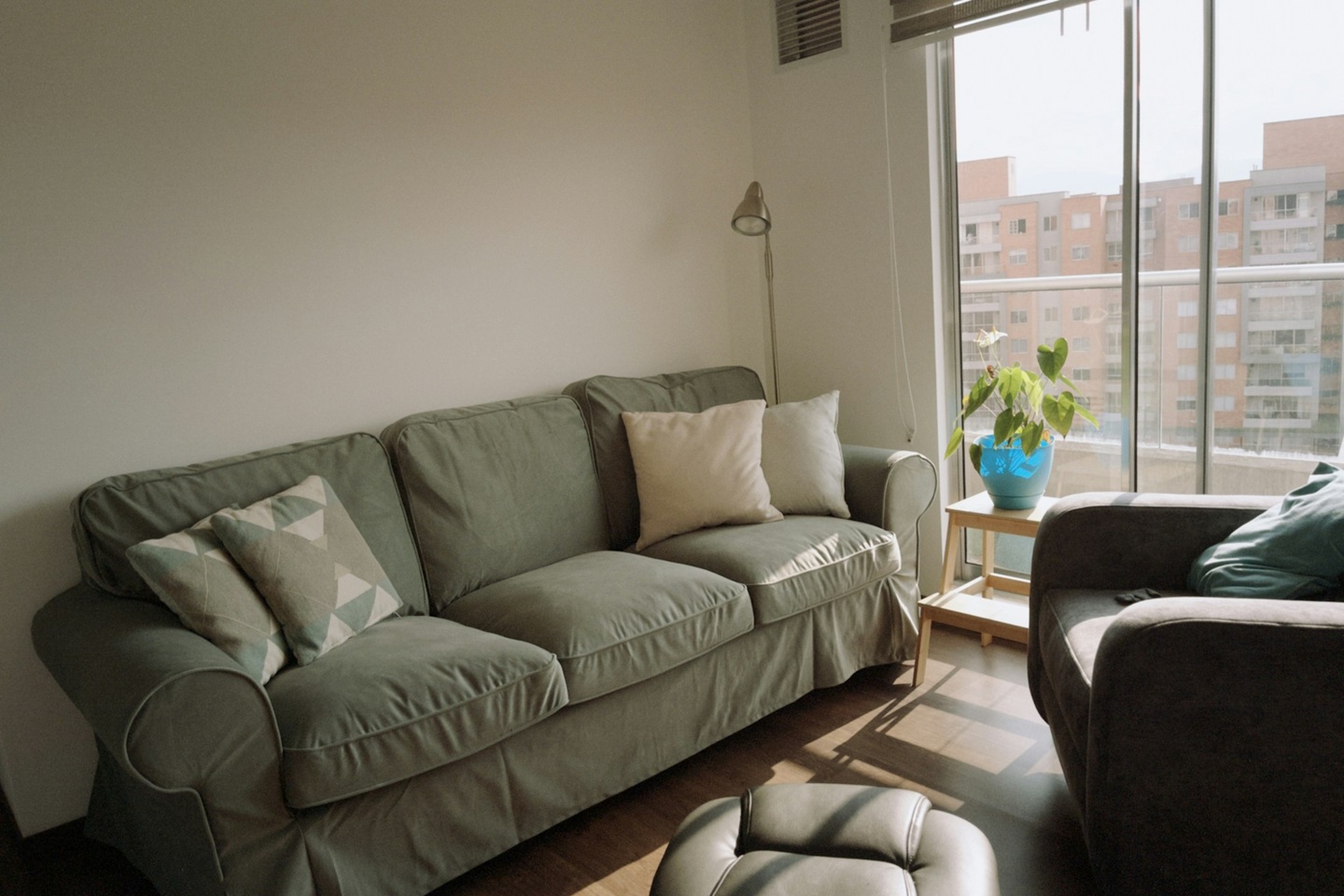 Photo d'un salon d'un appartement avec un canapé 3 places de couleur olive.