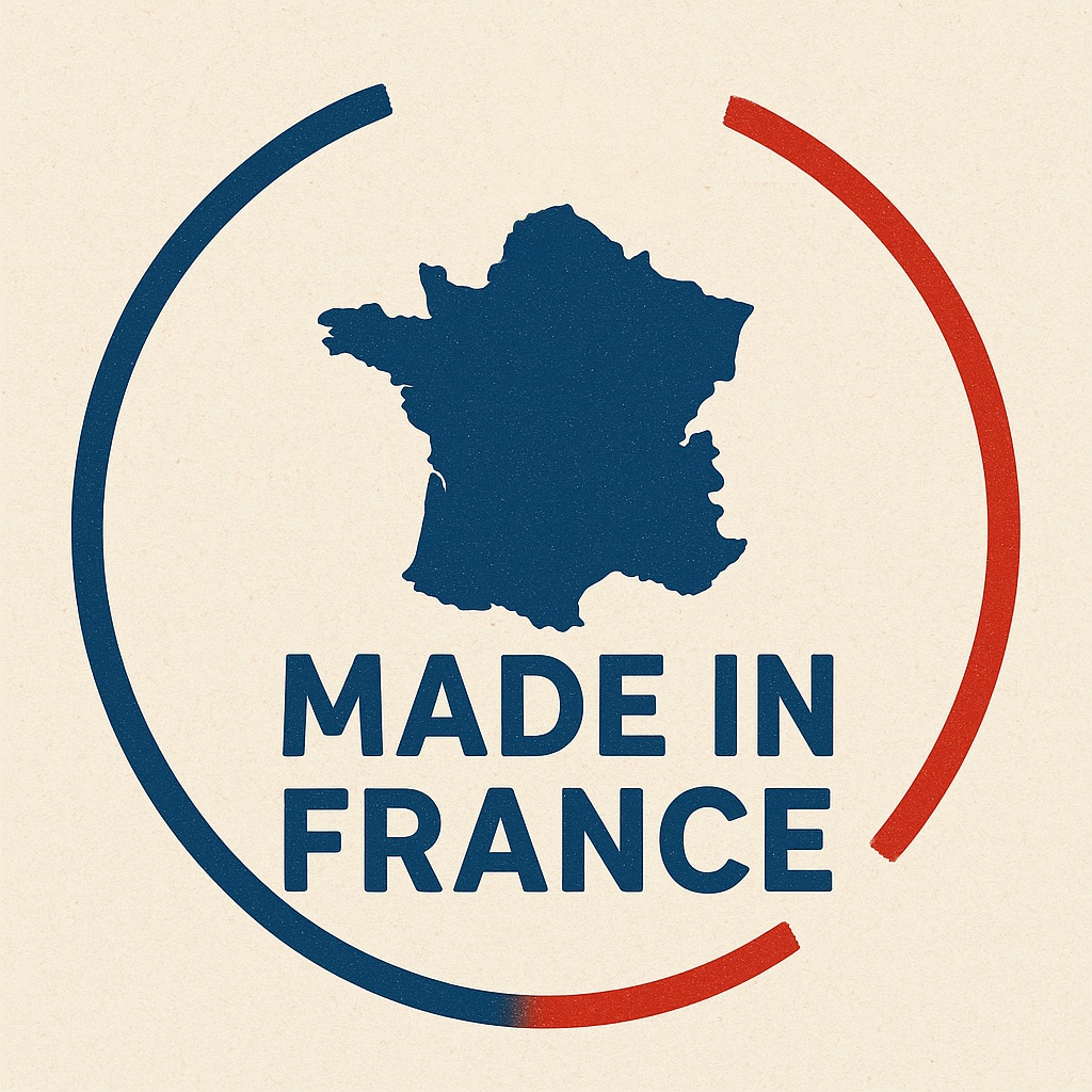 Logo Made In France représentant la France entourée d'un demi cercle de couleur bleu et d'un demi cercle de couleur rouge.