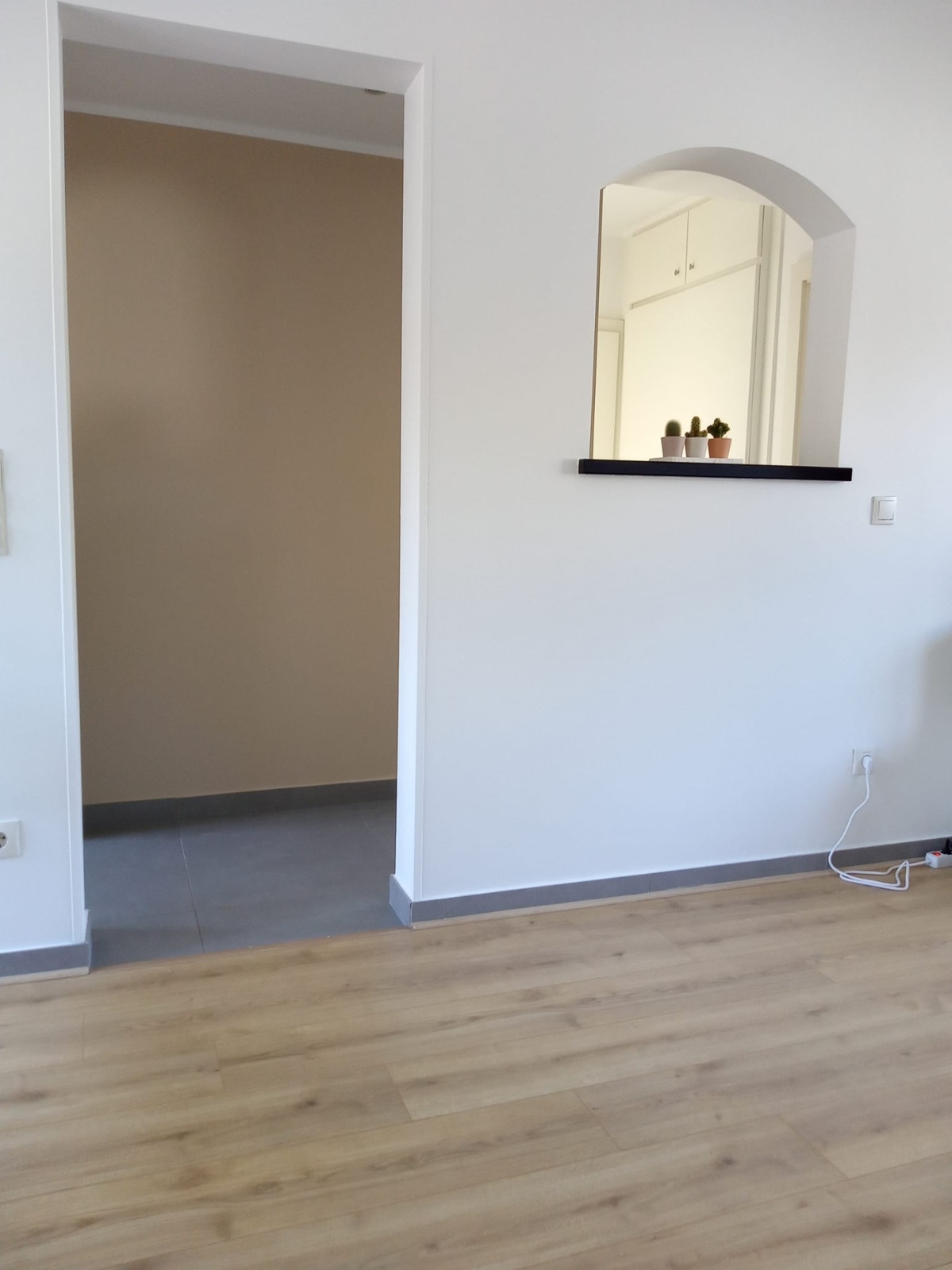 Photo d'une salle de séjour d'un appartement avec du parquet flottant de chêne clair où un mur a été percé par une alcôve.